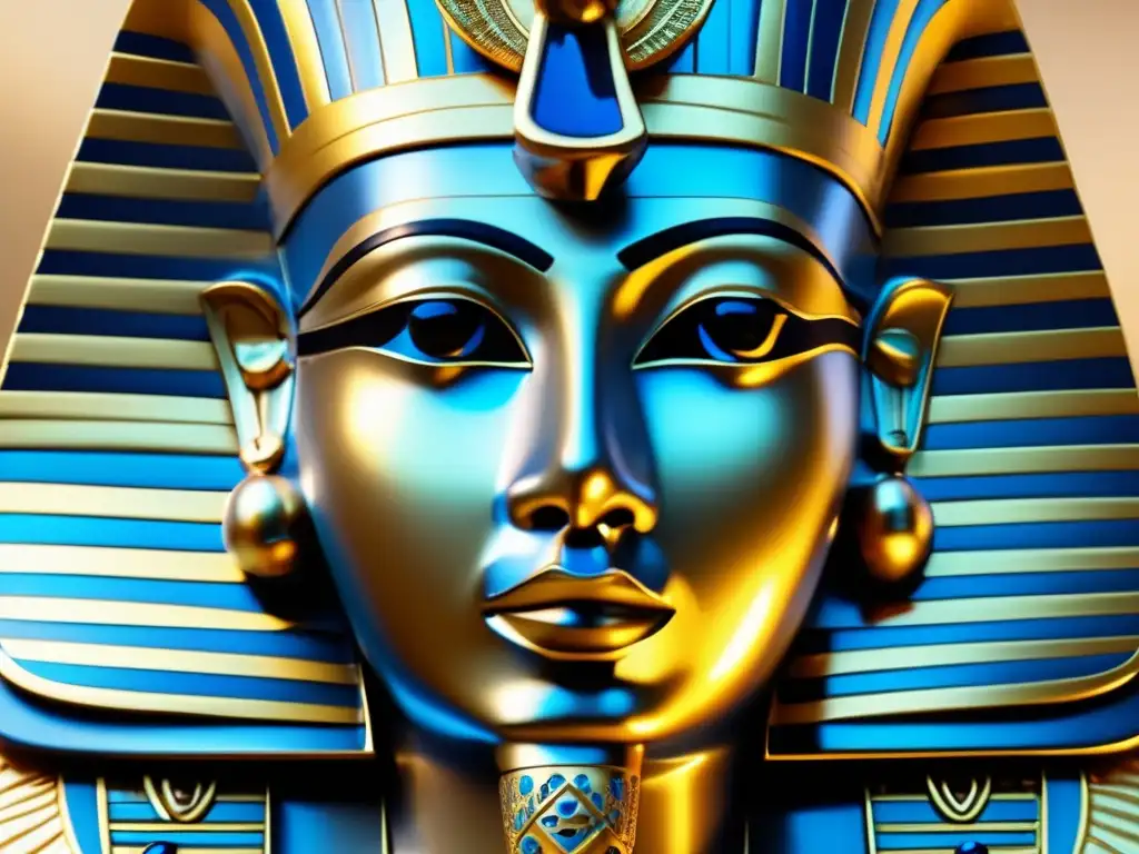 Máscara funeraria egipcia de piedra adornada con oro y joyas, de expresión serena y ojos hipnotizantes