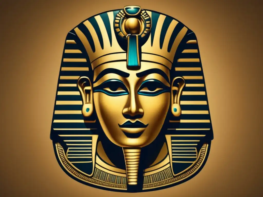Máscara funeraria egipcia vintage de oro y gemas preciosas, reflejando el esplendor y significado del arte funerario en el Antiguo Egipto