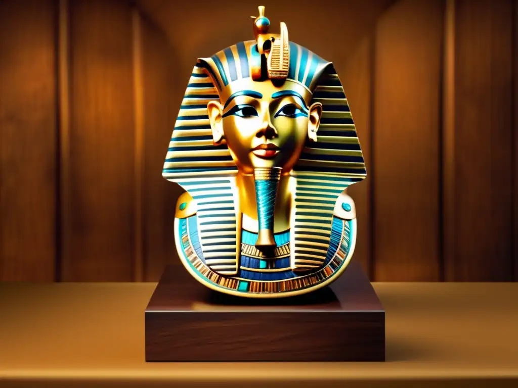 La máscara funeraria de Tutankamón, una icónica pieza de oro macizo, exhibida sobre un pedestal de madera oscura