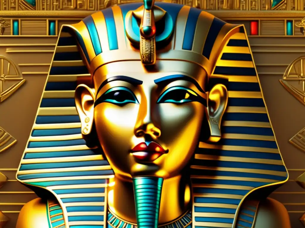 Una máscara funeraria de oro de un faraón egipcio antiguo, detallada y exquisitamente elaborada