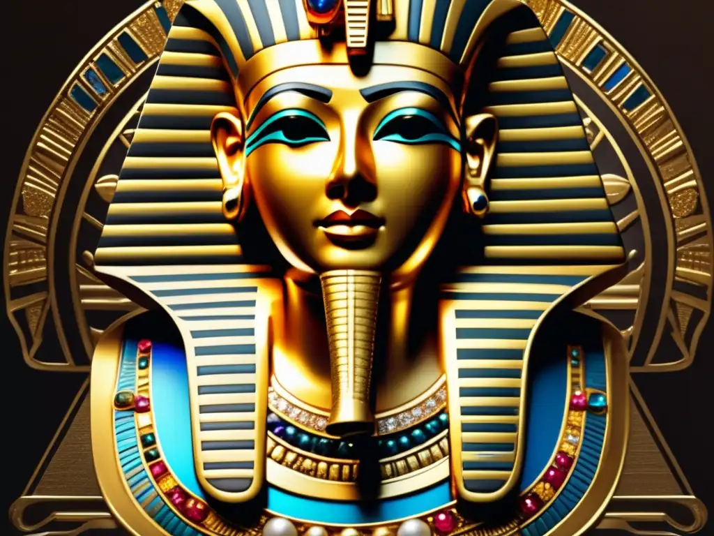 Máscara funeraria de Tutankamón: detallada imagen vintage en oro, con jeroglíficos y gemas preciosas