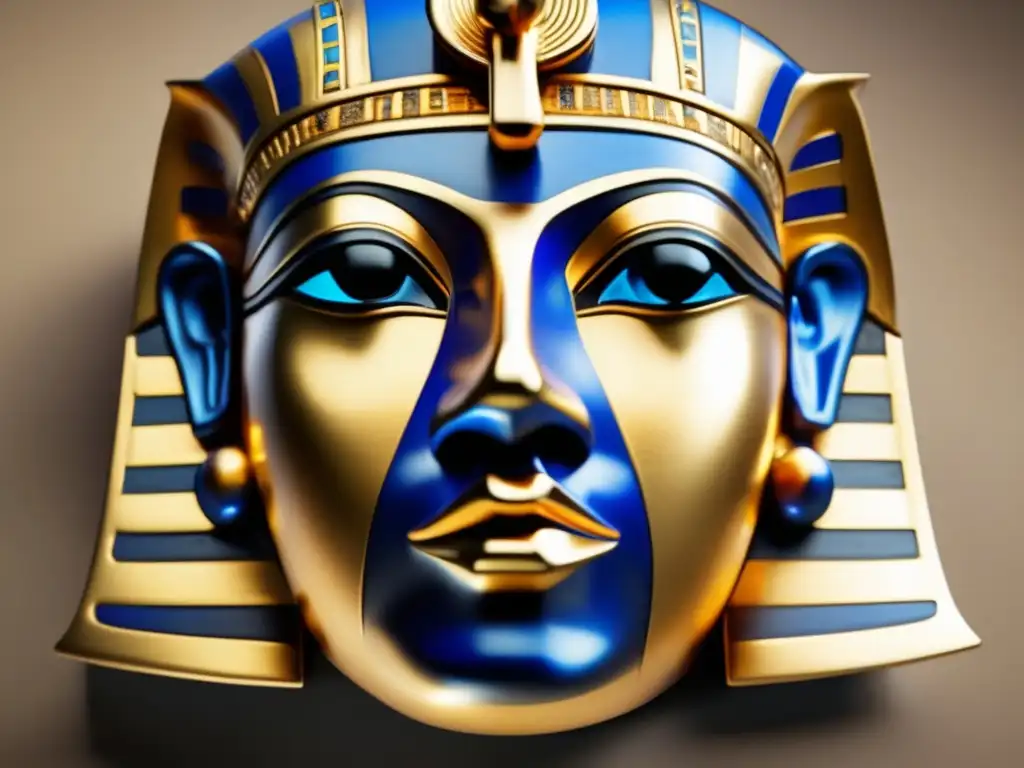 Máscaras funerarias del Antiguo Egipto: una exquisita máscara dorada con patrones hieroglíficos y lapislázuli, muestra su artesanía y misterio vintage