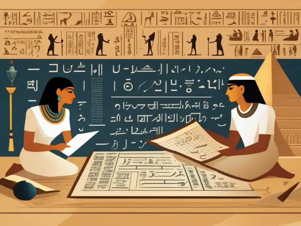 Ilustración vintage de matemáticos egipcios trabajando en cálculos relacionados con la hidrología del Nilo