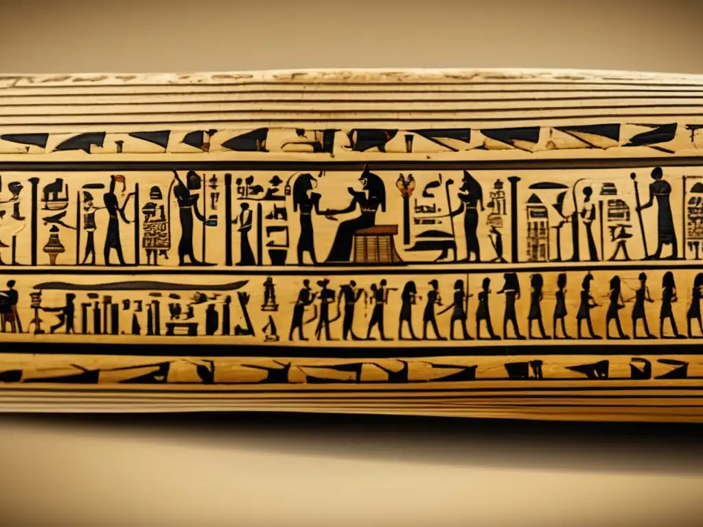 Materiales escritura egipcia: Un antiguo pergamino de papiro egipcio amarillento revela intrincadas inscripciones de jeroglíficos en tinta negra, transportando al espectador a la fascinante era de la escritura antigua