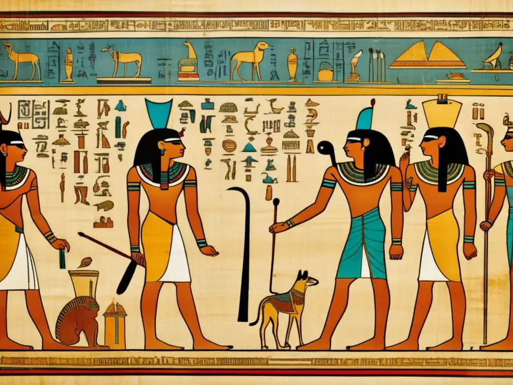 Descubre la medicina egipcia en un papiro antiguo desplegado, con inscripciones jeroglíficas delicadas