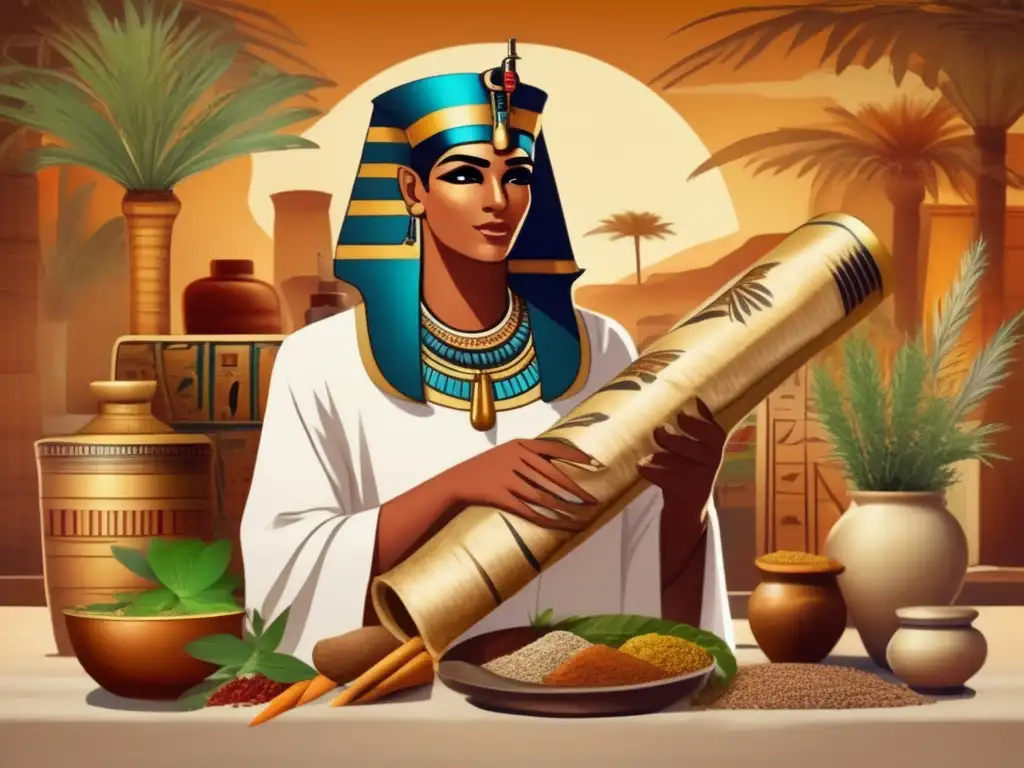 Un médico egipcio antiguo en atuendo tradicional sostiene un pergamino rodeado de hierbas medicinales y herramientas