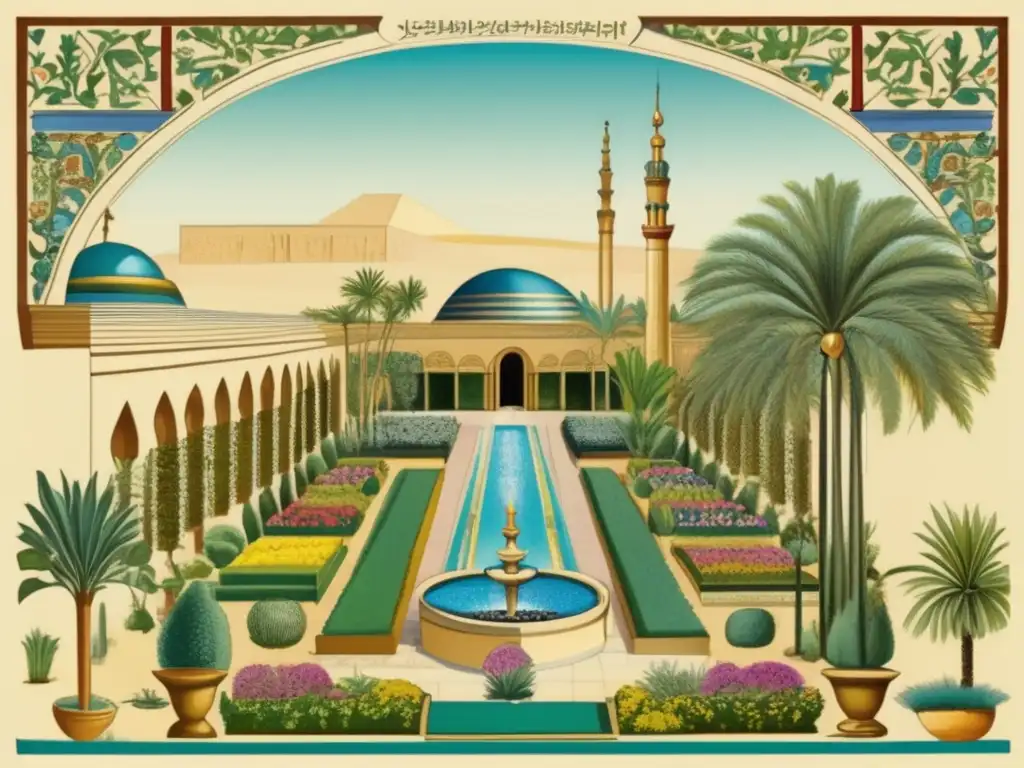 Un jardín mediterráneo exuberante en el antiguo Egipto, con plantas importadas y una fuente grandiosa
