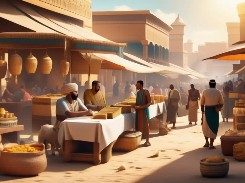 Un mercado animado en el antiguo Egipto, con registros contables meticulosos bajo el cálido sol dorado