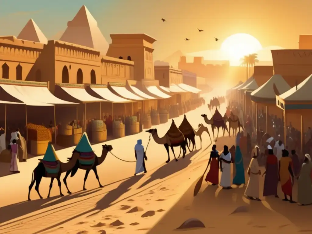 Un mercado antiguo en Egipto, donde los camellos cargados con bienes atraviesan calles arenosas