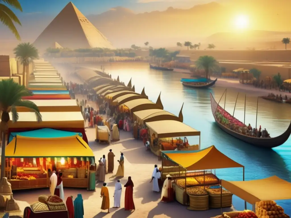 Un mercado antiguo egipcio bullicioso y vibrante, reflejando las relaciones comerciales entre Egipto y Punt
