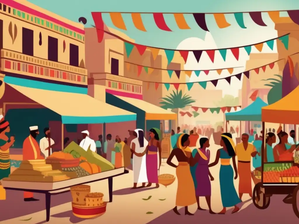 Un mercado antiguo egipcio en fiestas y celebraciones, lleno de colores vibrantes y detalles intrincados