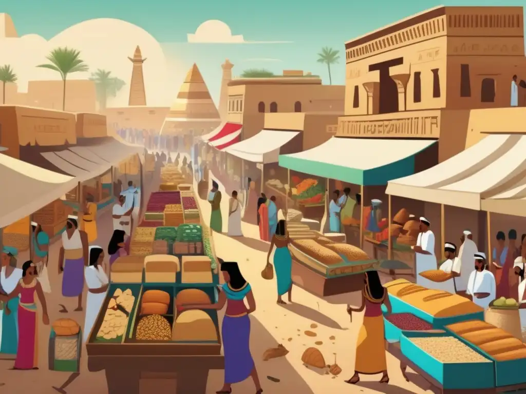 Un mercado antiguo egipcio lleno de vida y color, reflejando la dieta egipcia en la antigüedad