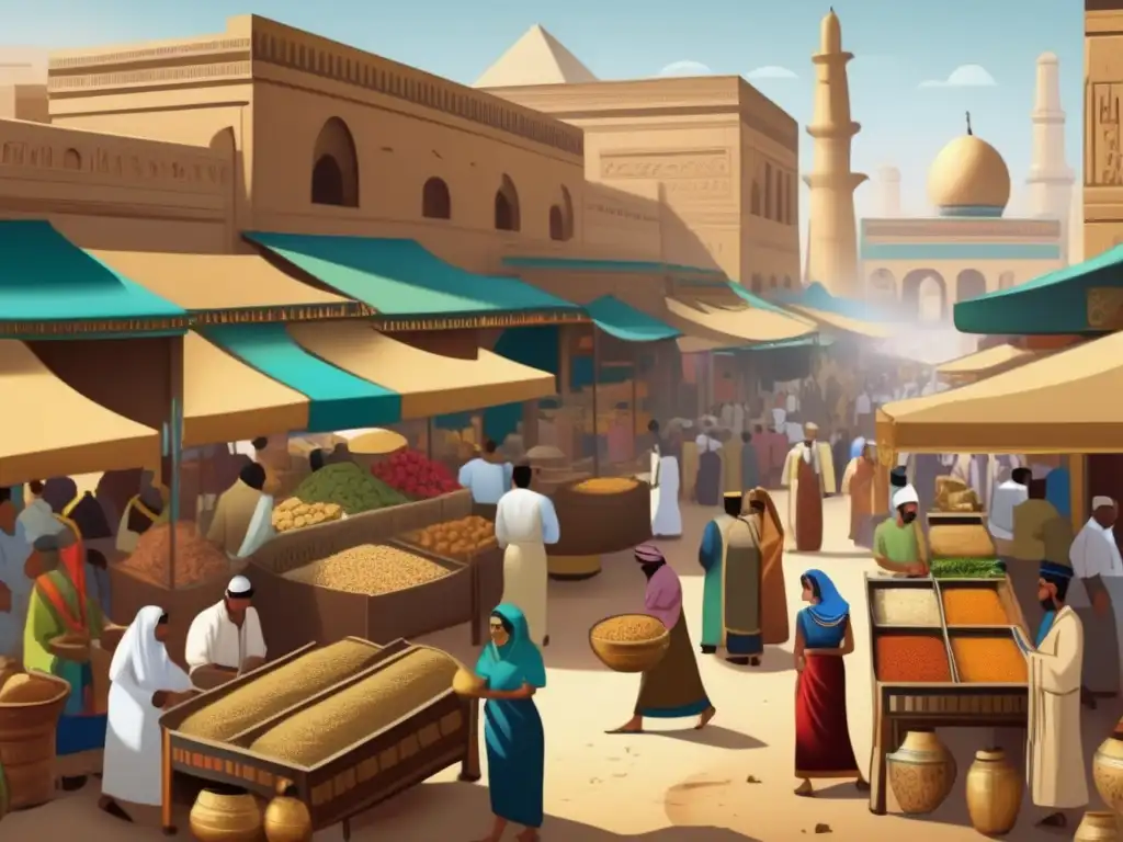 Un mercado antiguo en Egipto, lleno de actividad comercial y bullicio