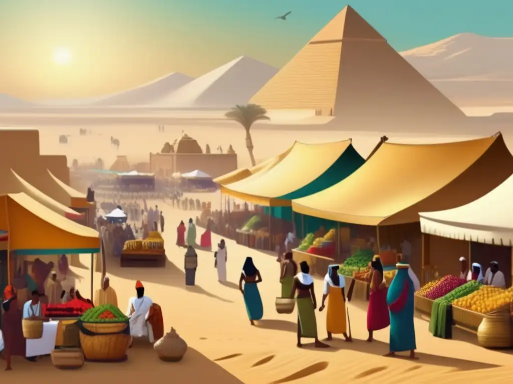 Un mercado antiguo en Egipto, lleno de colores y vida