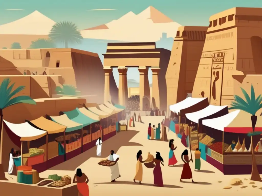 Un mercado antiguo en Egipto, lleno de vida y narrativas de ficción