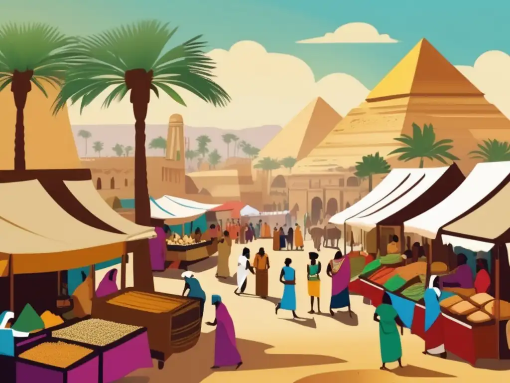 Un mercado antiguo en Egipto, lleno de vida y color, muestra los sabores de la dieta egipcia en la antigüedad