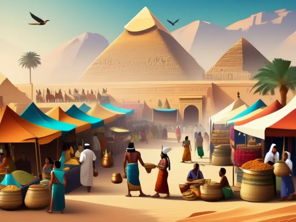 Un mercado antiguo en Egipto, donde nómadas asiáticos y egipcios intercambian productos