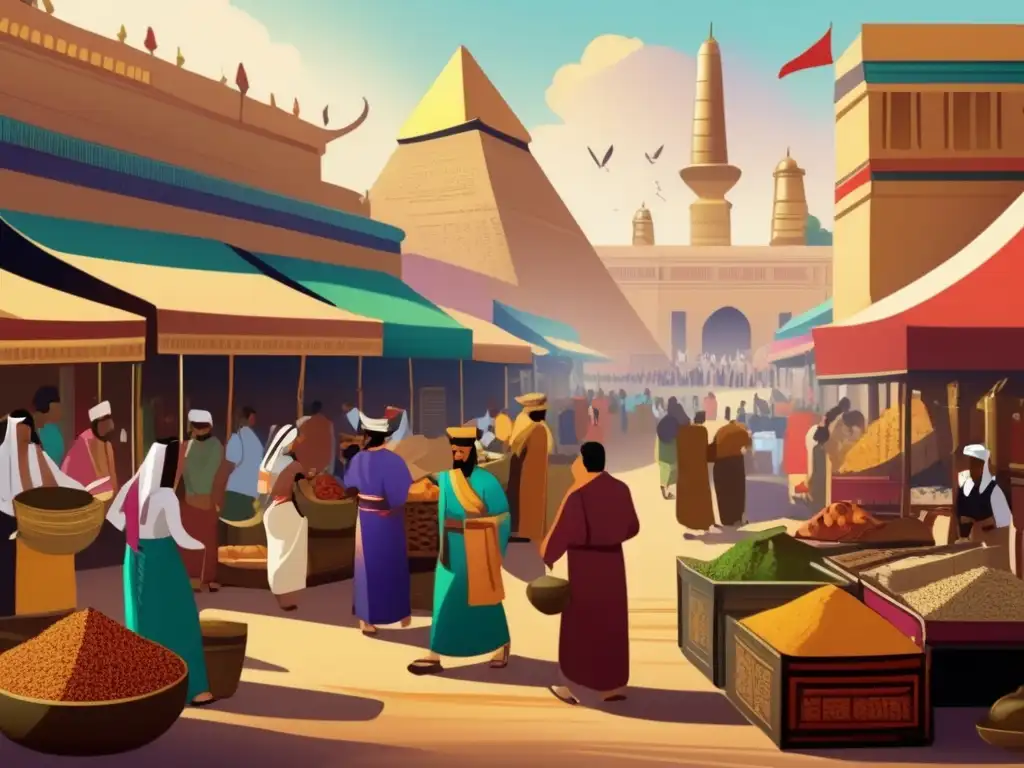 Un mercado bullicioso en la antigua Asia, con comerciantes egipcios y culturas asiáticas intercambiando bienes y productos