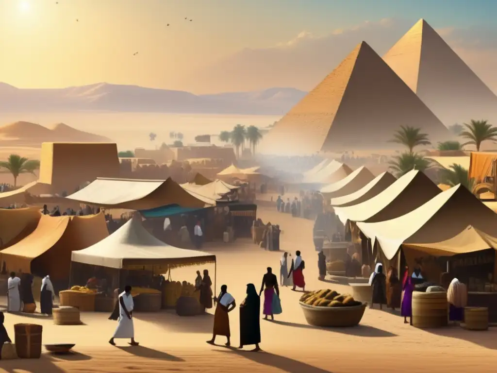 Un mercado bullicioso en el antiguo Egipto, donde se comercia con asfalto y tar