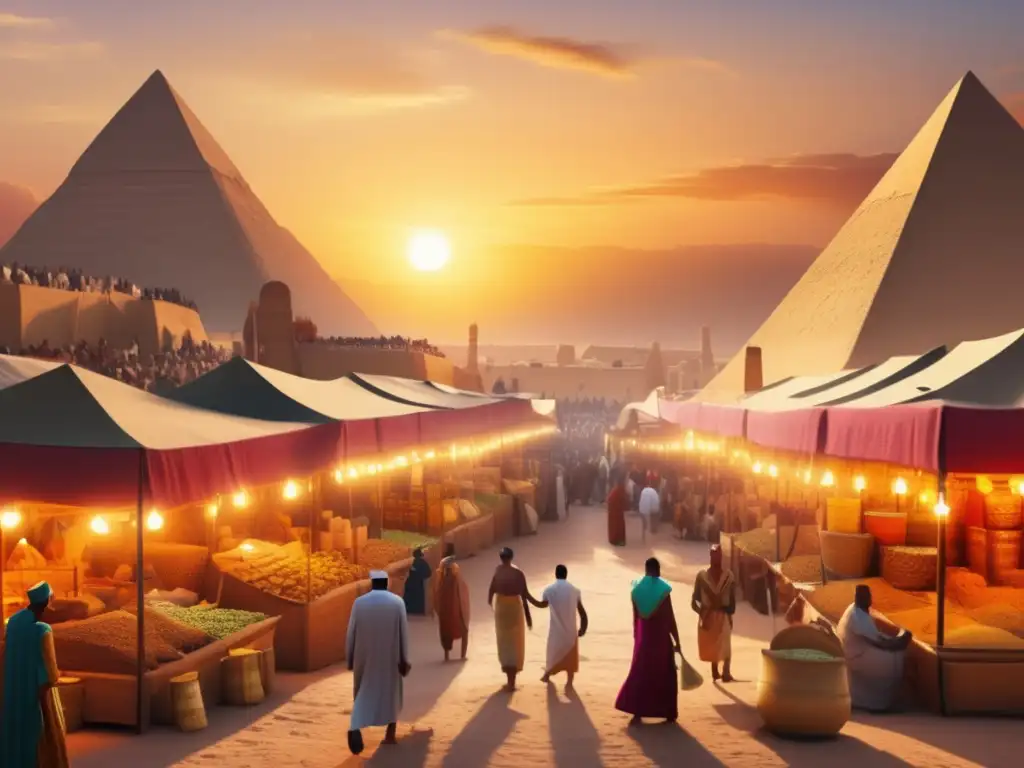 Un mercado bullicioso en el antiguo Egipto, con comerciantes, colores vibrantes y las majestuosas pirámides al fondo