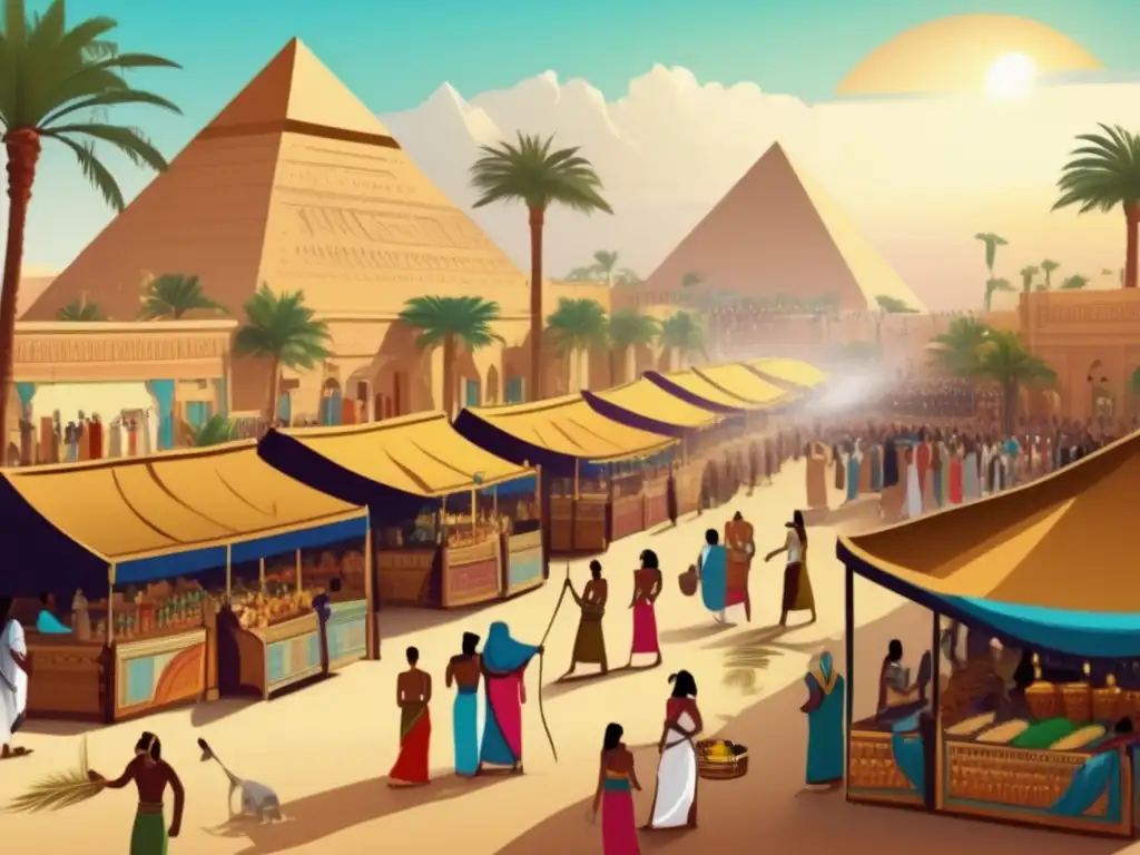 Un mercado bullicioso en el antiguo Egipto muestra el comercio de joyas y amuletos