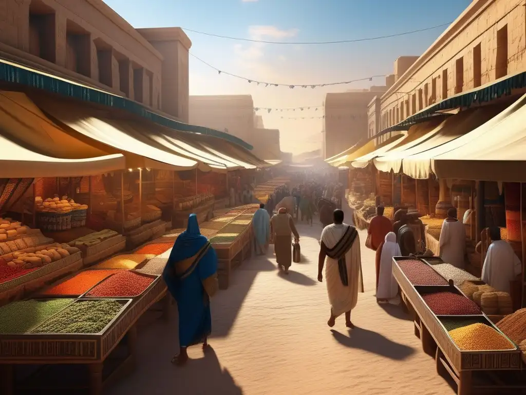 Un mercado bullicioso en el antiguo Egipto, en el corazón de Tebas, capital del Imperio del Faraón