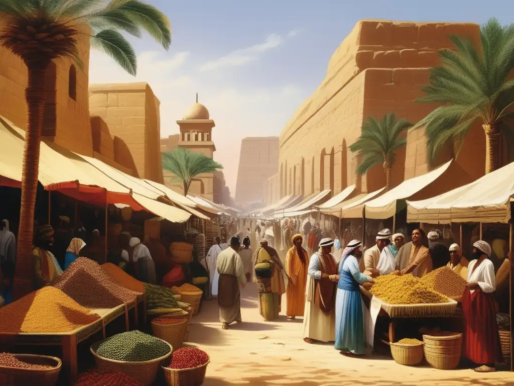 Un mercado bullicioso en el antiguo Egipto, donde la economía florecía a pesar de los conflictos militares