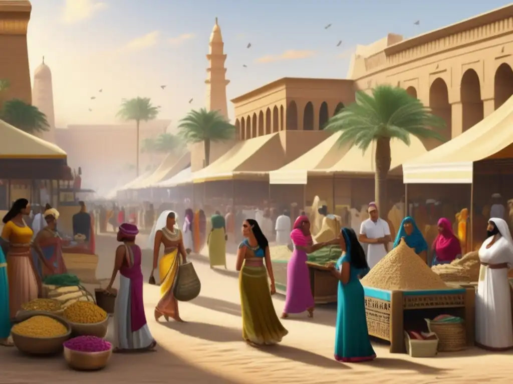 Un mercado bullicioso en el antiguo Egipto, con empresarias en el comercio destacando entre la vibrante multitud de mercaderes y clientes