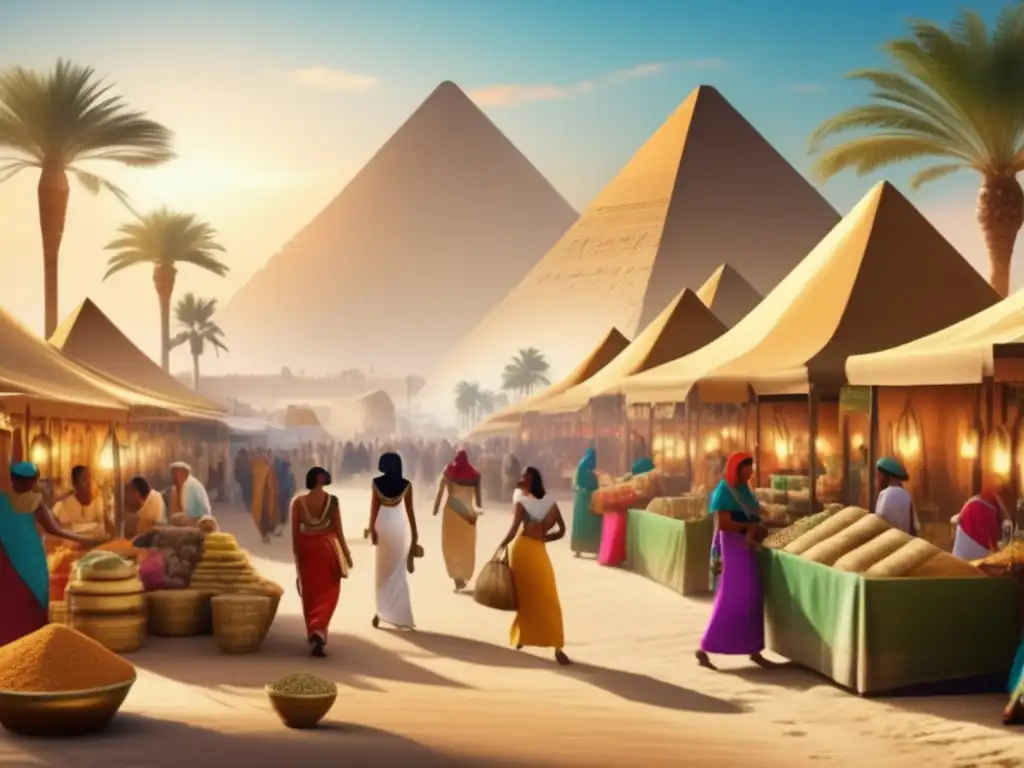 Un mercado bullicioso en el antiguo Egipto donde empresarias se destacan en el comercio