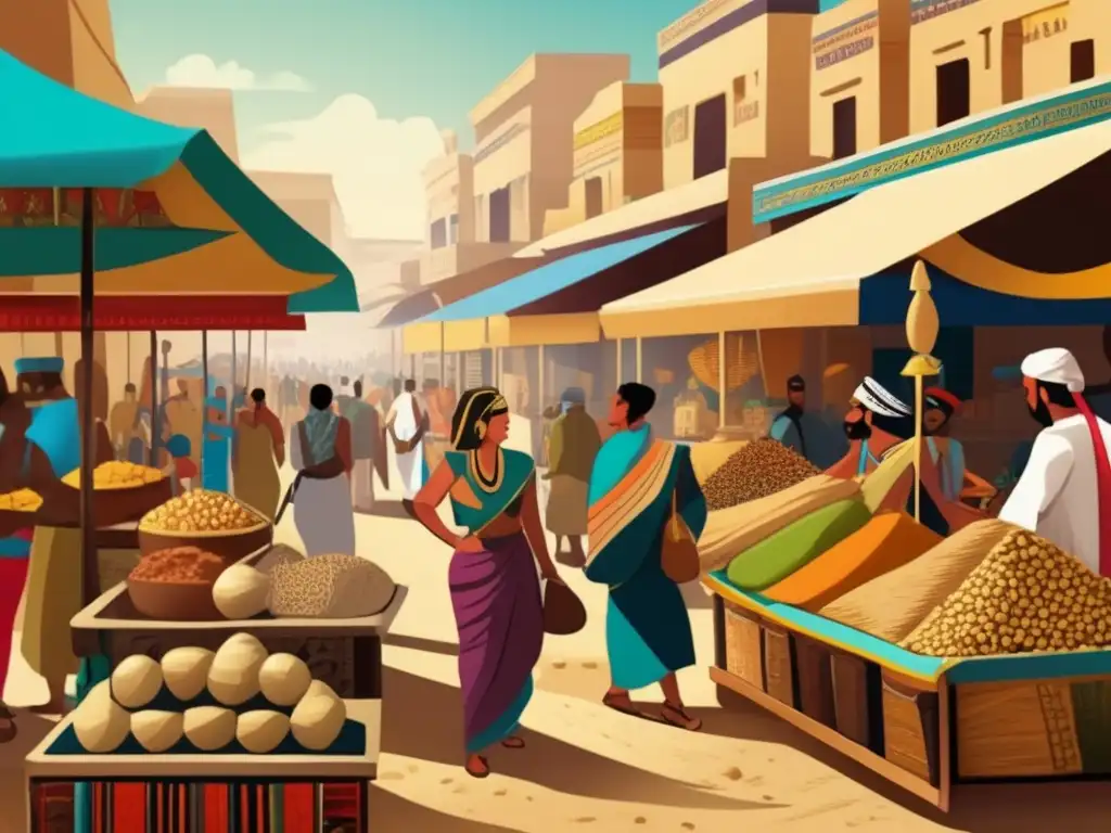 Un mercado bullicioso del antiguo Egipto, donde se comercian exportaciones inusuales como textiles, especias, animales exóticos y artefactos únicos