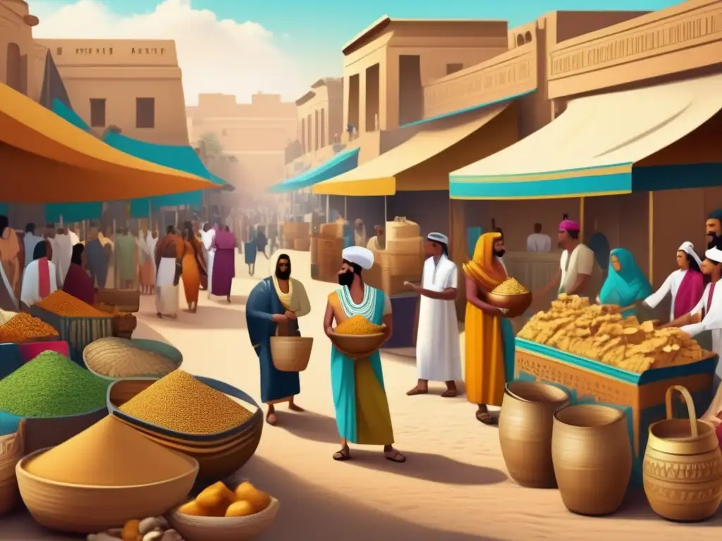 Un mercado bullicioso en el antiguo Egipto, donde se realiza un intercambio de obsequios