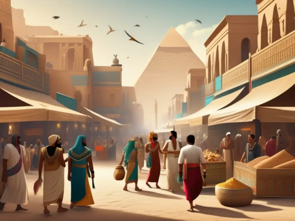 Un mercado bullicioso en el antiguo Egipto: Intercambio de ofrendas religiosas en Egipto en una ciudad vibrante llena de vida y colores