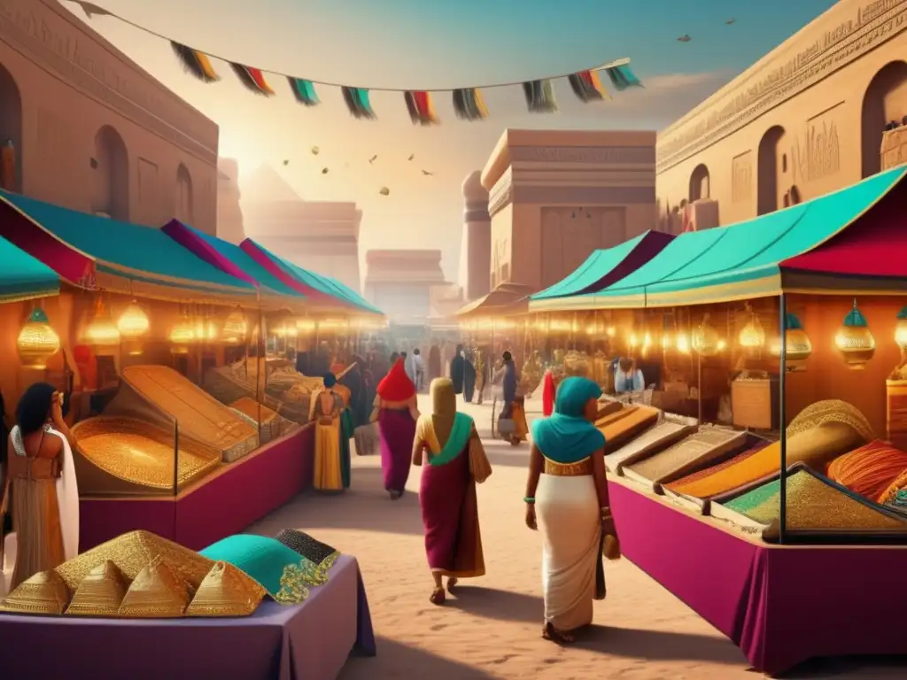 Un mercado bullicioso en el antiguo Egipto, lleno de colores vibrantes y detalles intrincados