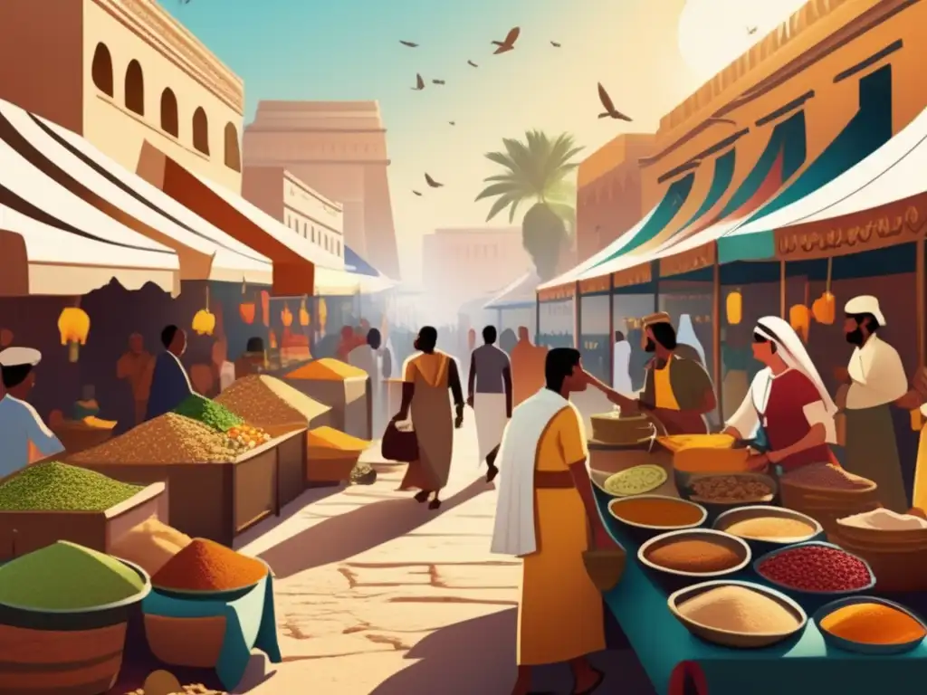 Un mercado bullicioso en el antiguo Egipto, lleno de colores vibrantes y aromáticas especias