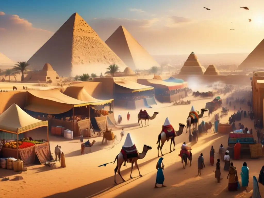 Un mercado bullicioso en el antiguo Egipto, con los majestuosos pirámides de fondo
