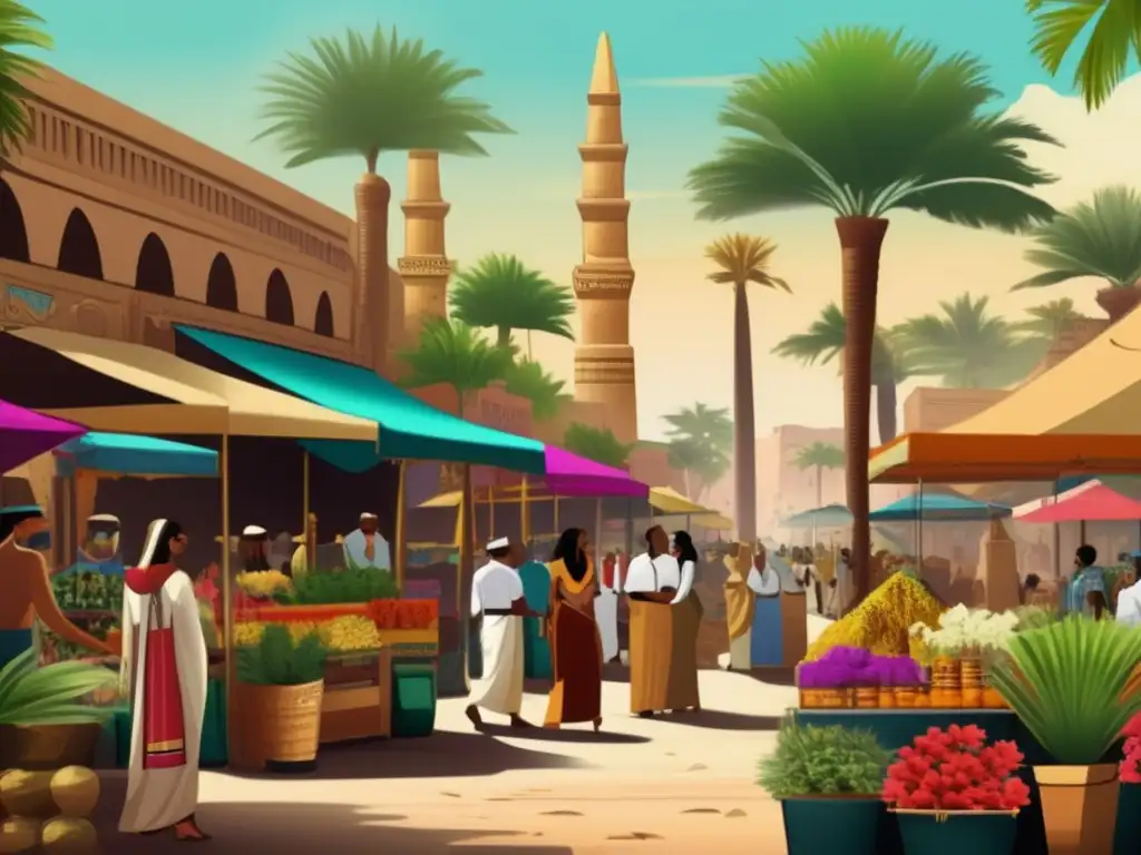 Un mercado bullicioso en Egipto, lleno de colores vibrantes y plantas exóticas