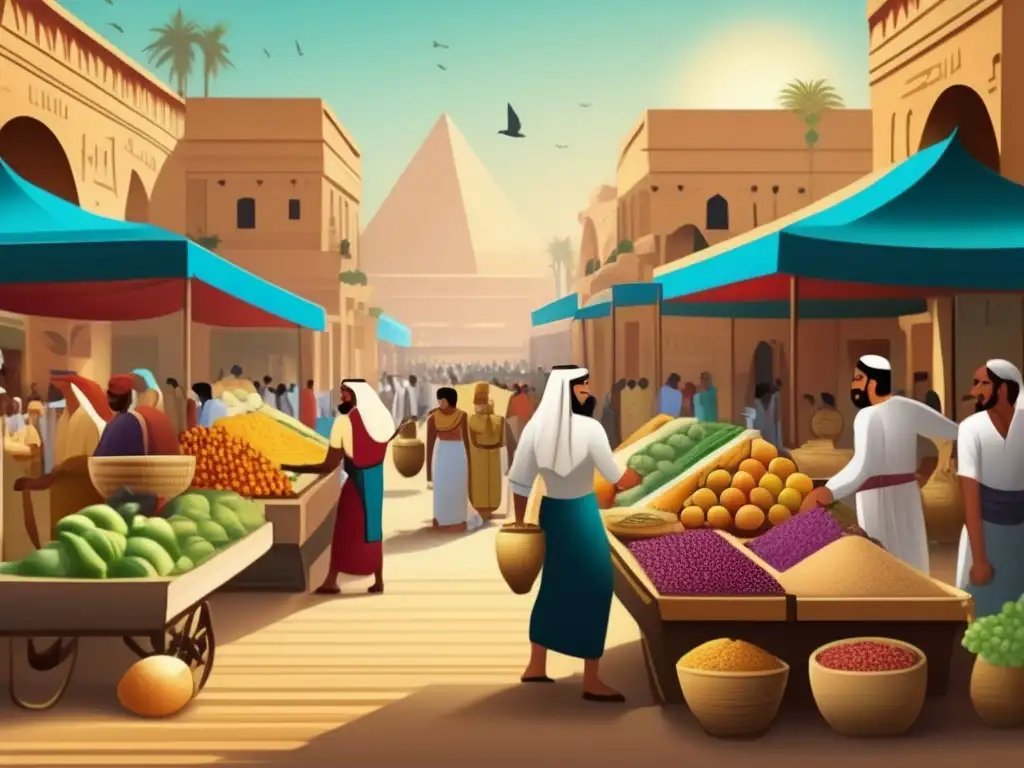 Un mercado egipcio antiguo bullicioso, con agricultores y comerciantes intercambiando productos