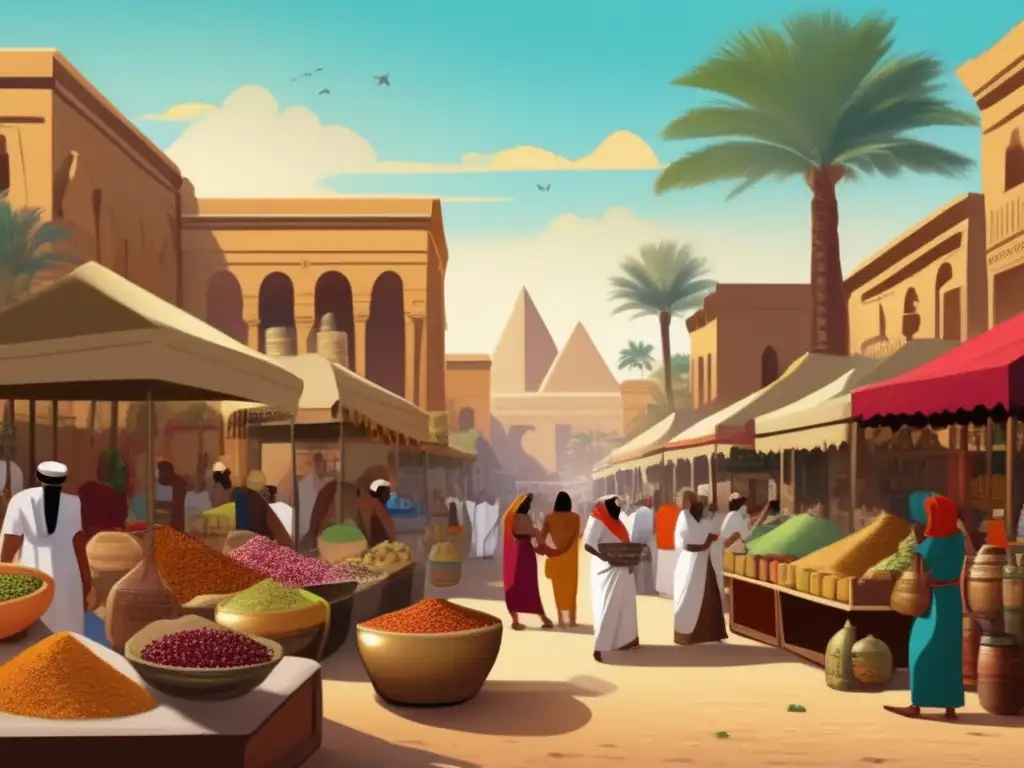 Un mercado egipcio antiguo rebosante de vida y color, donde se venden ingredientes y especias para las recetas tradicionales del Antiguo Egipto