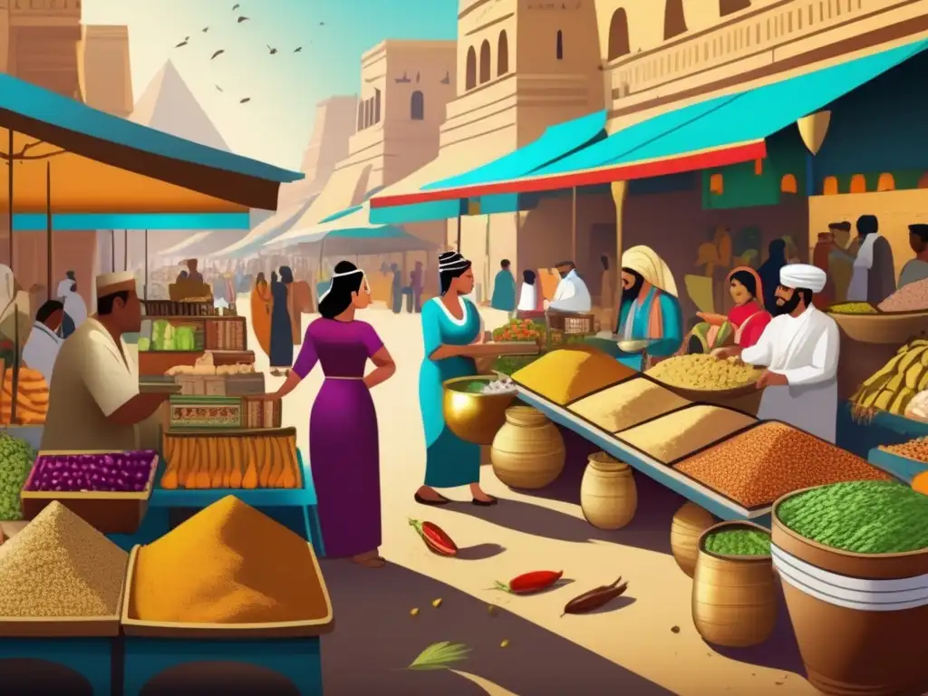 Un mercado egipcio antiguo rebosante de vida y color, con especias exóticas y una gran variedad de alimentos