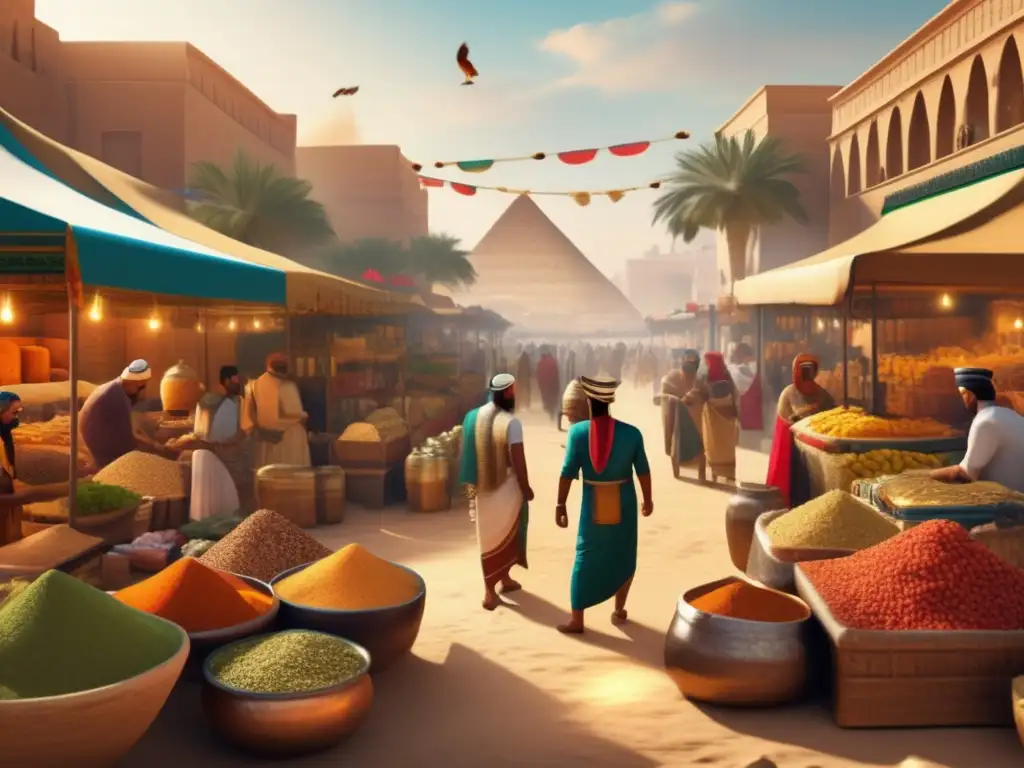 Un mercado egipcio bullicioso en la antigüedad muestra el impacto de los intercambios comerciales en la dieta egipcia