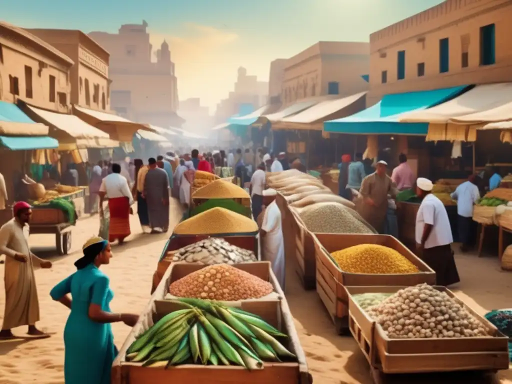 Un mercado egipcio bullicioso y colorido, donde los vendedores ofrecen pescados de la rica ictiofauna de la dieta egipcia