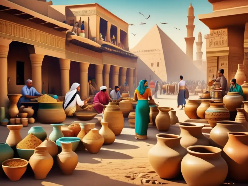Un mercado egipcio bullicioso lleno de artesanos y sus creaciones de cerámica