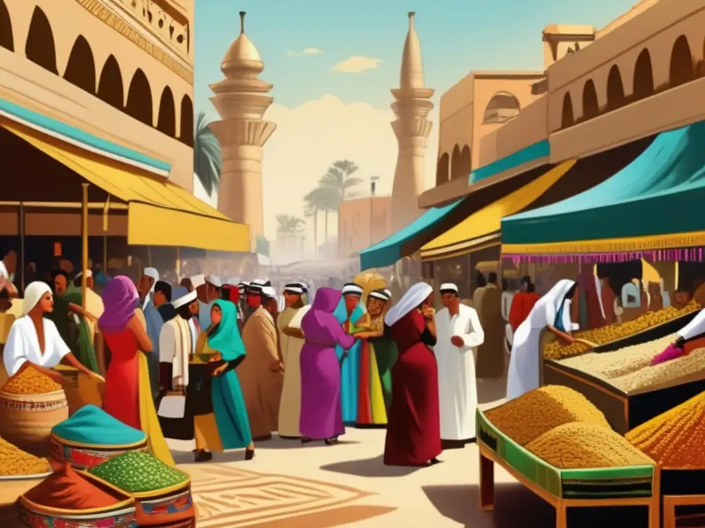 Un mercado egipcio bullicioso y vibrante, donde la diversidad cultural se refleja en la vestimenta tradicional de Egipto