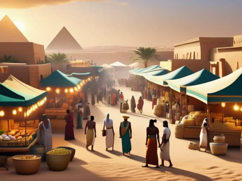 Un mercado egipcio del Periodo Intermedio, con vibrantes comerciantes y compradores