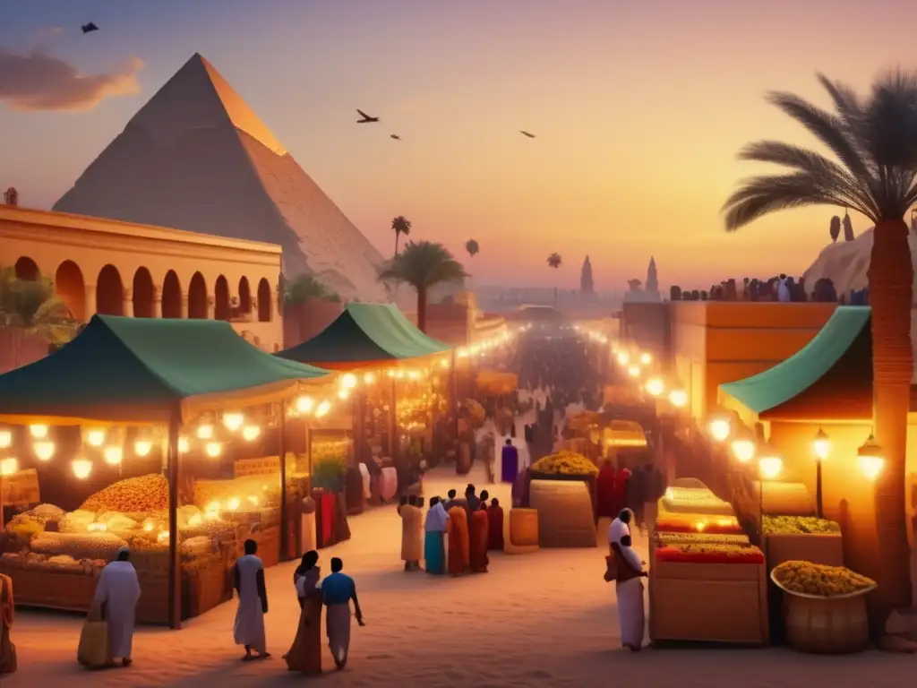 Un mercado egipcio vibrante al atardecer, con el ritual de Min en la mitología egipcia