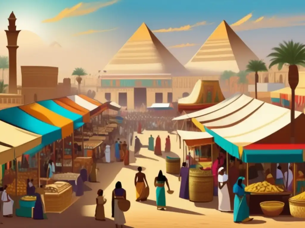 Un mercado egipcio vibrante del Imperio Nuevo, muestra la próspera economía y diversidad de bienes
