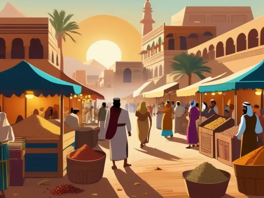 Un mercado de especias egipcias en el desierto, lleno de colores vibrantes y aromas exóticos