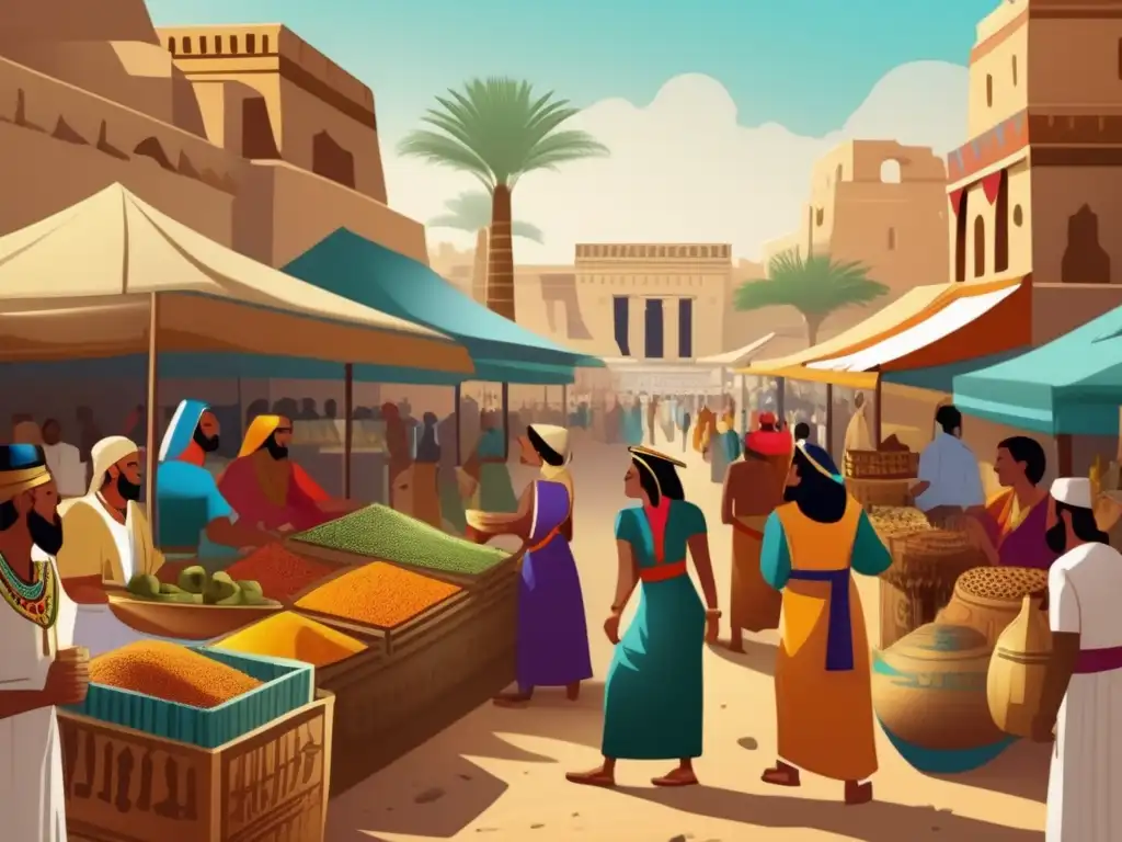 Un mercado fenicio bullicioso en el antiguo Egipto muestra el legado fenicio en el comercio marítimo, con colores vibrantes y detalles intrincados