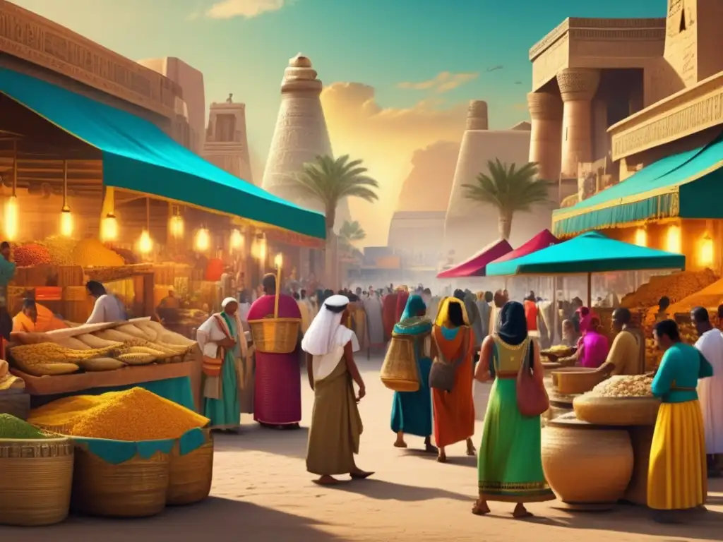 Mercado mágico y religioso en el Imperio Medio de Egipto: colores vibrantes, rituales y comercio de amuletos y pergaminos antiguos