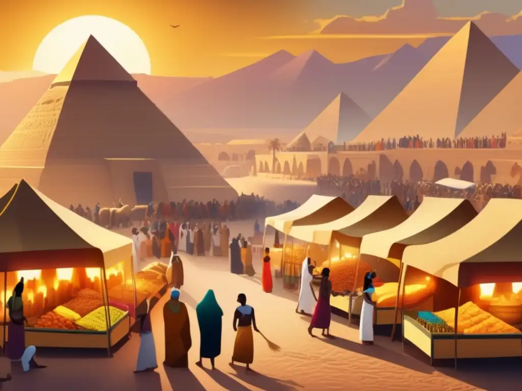 Un mercado vibrante en el antiguo Egipto: intercambio de ofrendas religiosas entre comerciantes frente a las majestuosas pirámides